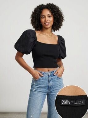 NWT ZARA Black Puff-Sleeve Square Neck Crop Top